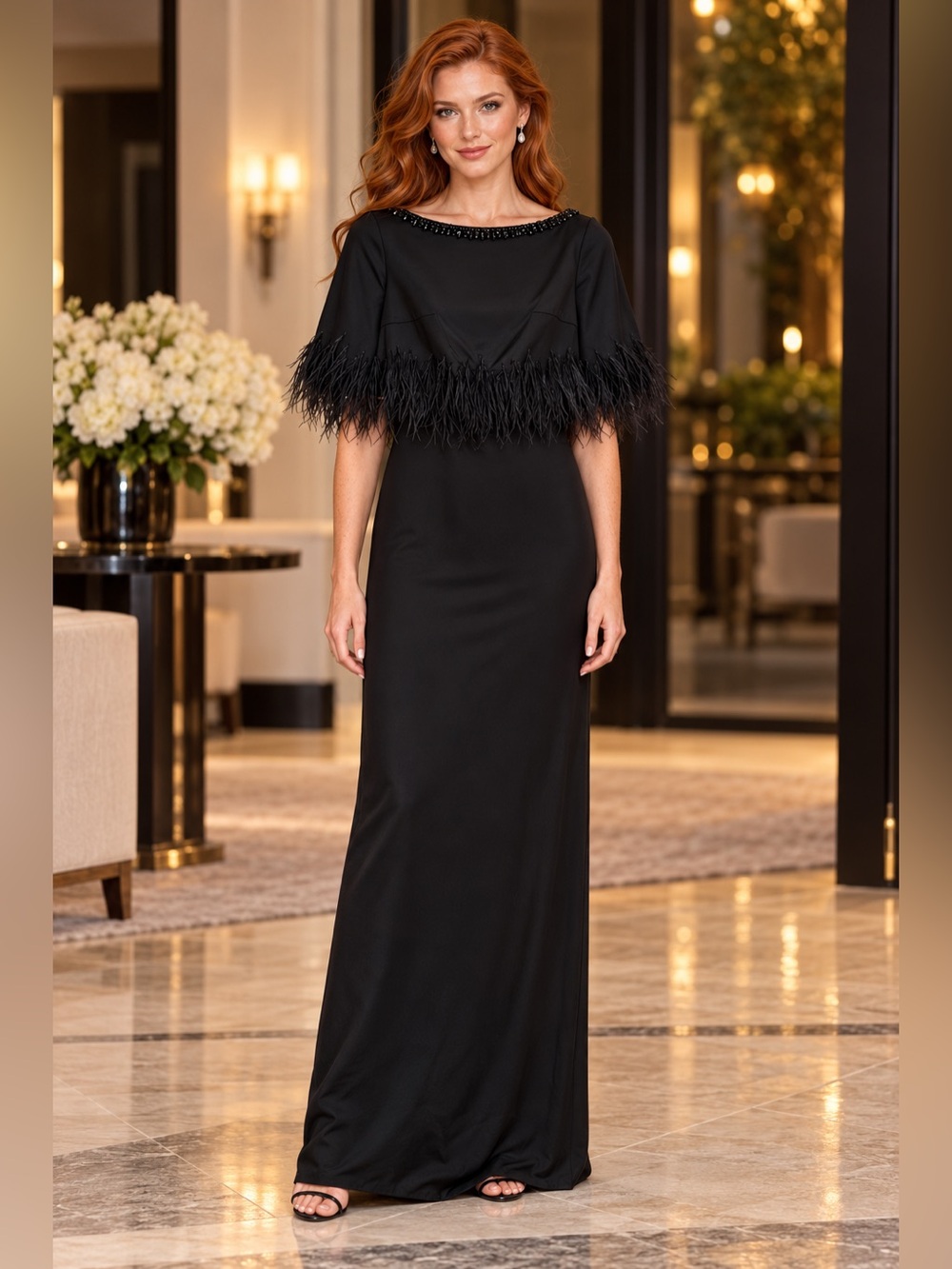 NWT Ieena Mac Duggal 4 Black Feather Trim Beaded Neck Column Gown Dress 11787